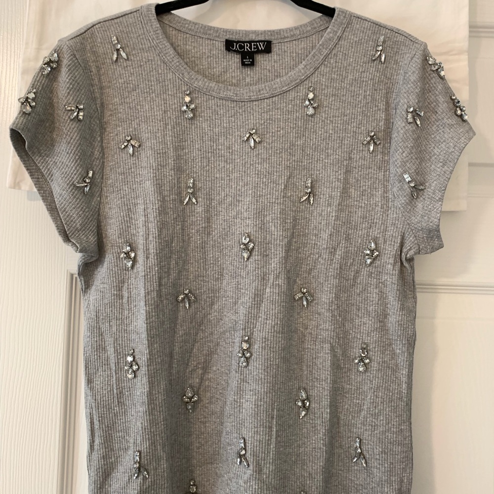 J. Crew Gray Embellished Cap Sleeve T-Shirt